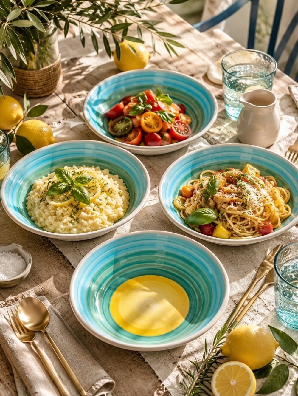 Rare Crate&Barrel Made in Italy Pasta Bowls Set 4 La Primula Aqua Yellow Coastal